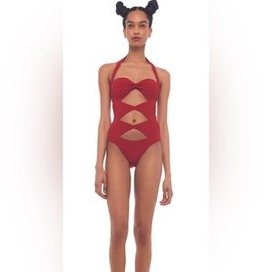 NORMA KAMALI RED BATHING SUIT-HIGH LEG PEEKABOO MIO NWT